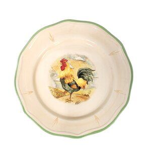 Gibson Rooster Ceramic Plate With Green Rim & Scalloped Edge - 8.5" Diameter